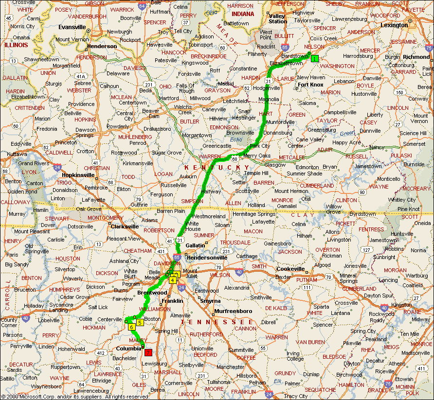 Day 40: Map: Bardstown, KY to Columbia, TN