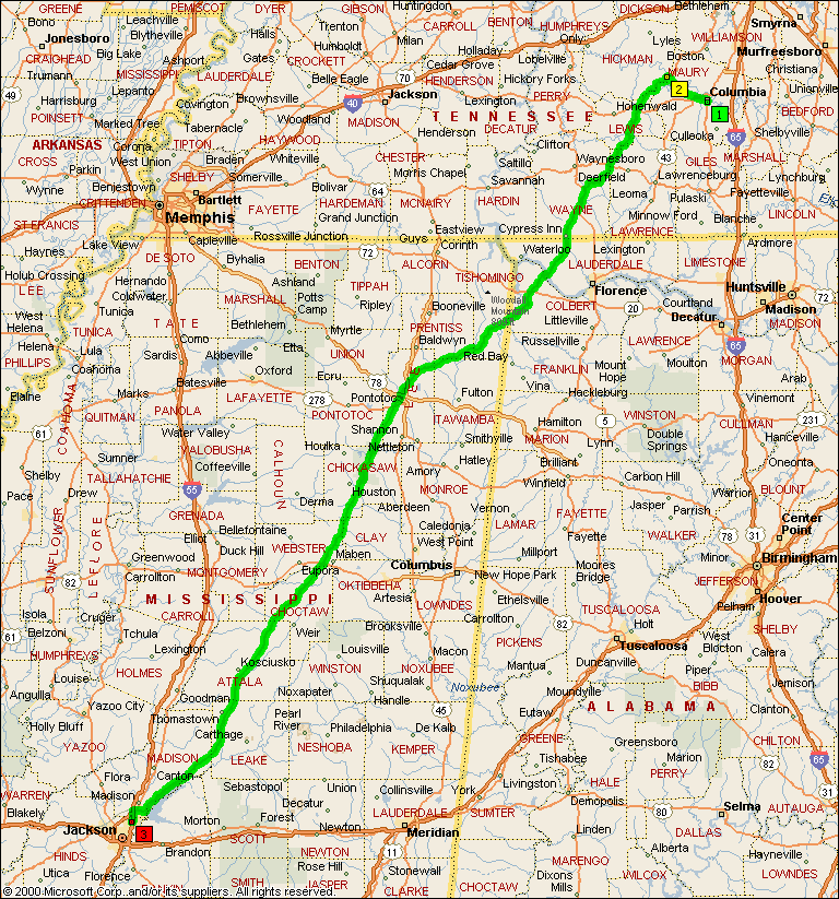 Map: Columbia, TN to Jackson, MS